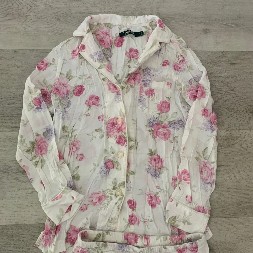 Lauren Ralph Lauren Floral Pajama Set Pink Purple White Cotton Blend XS